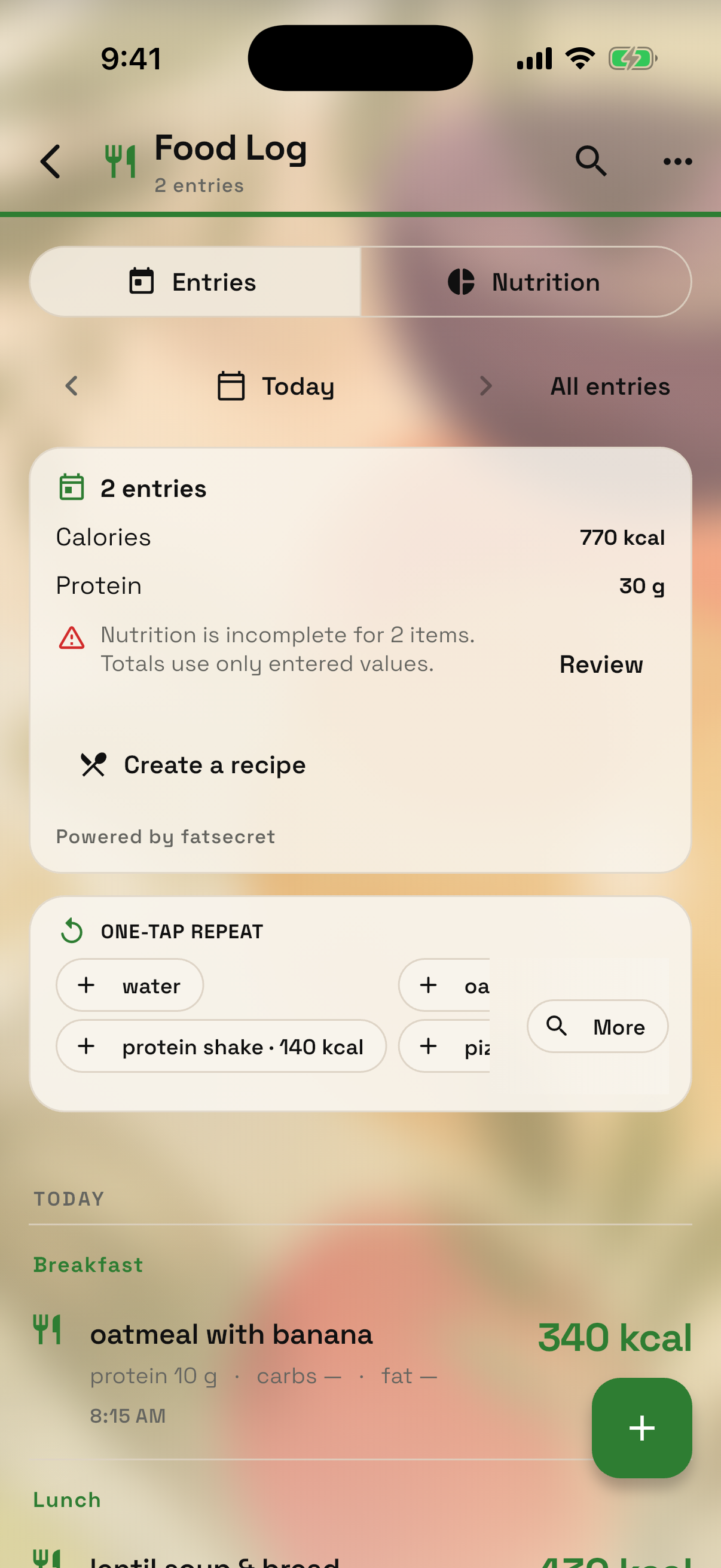 Tertibo Food tracker running in the iPhone Simulator